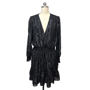 MICHAEL KORS Black Metallic Long Sleeve Smocked Tiered Ruffle Dress Womens XL